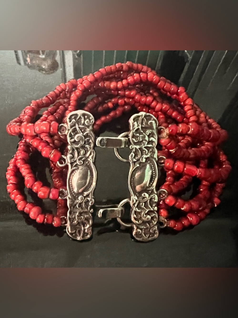 Vintage Red Multi-Strand Glass Bead Bracelet with Ornate Silver Clasp